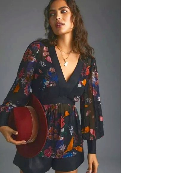 Anthropologie Maeve Open Back Tunic In Black Floral Motif Size 0 NWT - Picture 1 of 16